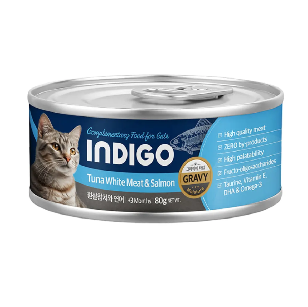 INDIGO 益生元保護血管 主食貓罐頭 吞拿魚+三文魚．80g